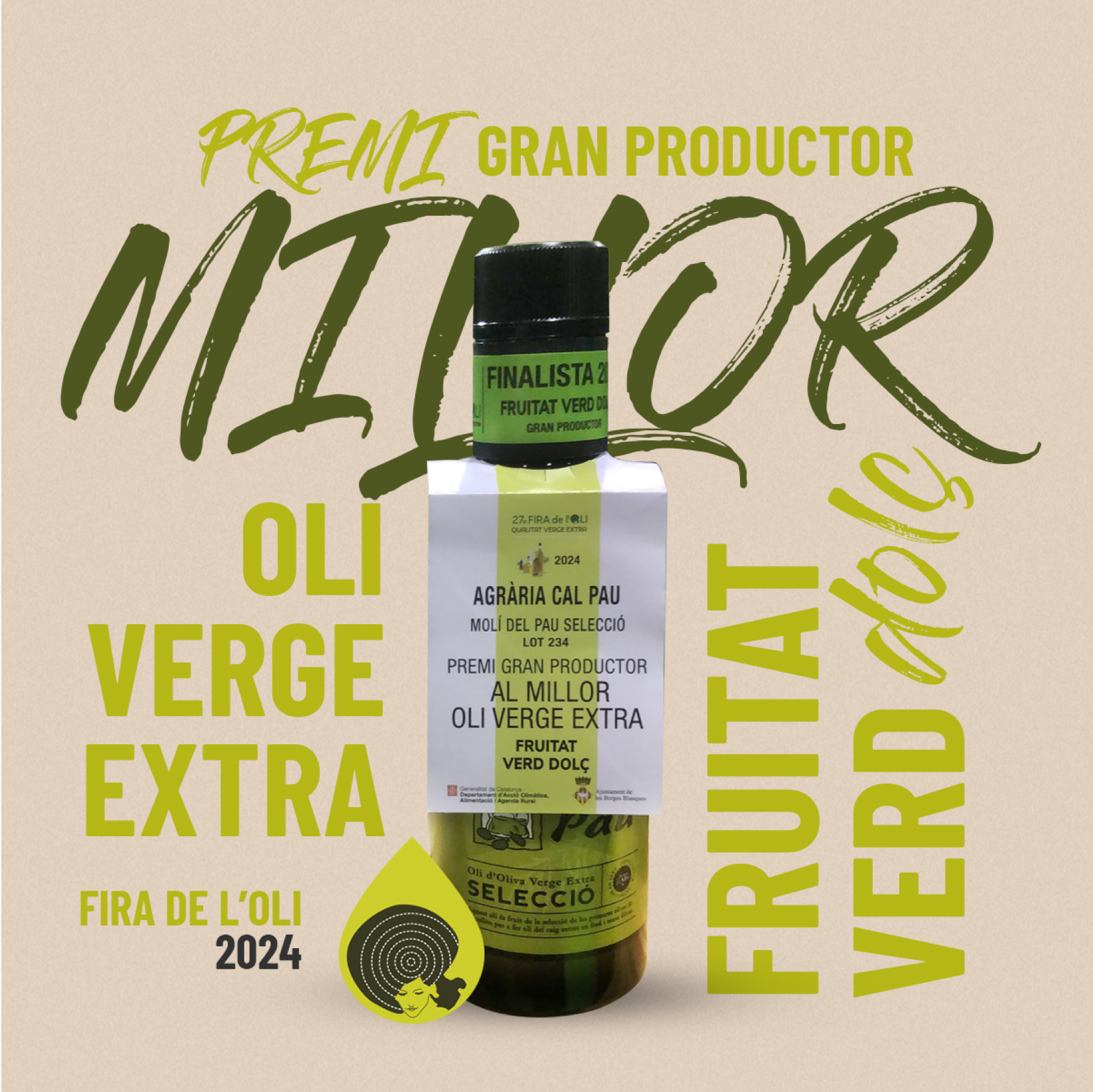 L'oli Selecció del Molí del Pau premiat com el millor Oli d'Oliva Verge Extra fruitat verd dolç a la Fira de l'Oli